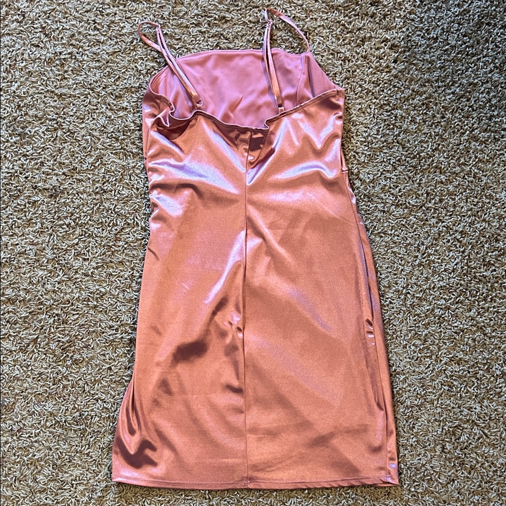 strapless open back dress She's The Prize Satin Strapless Mini Bow Dress Pink/Orange main image 1